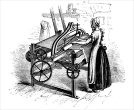 Woman operating a power loom for weaving cotton, c1840. Artist: Unknown