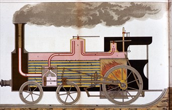 Sectional view of a mid-19th century steam railway locomotive, 1882. Artist: Unknown