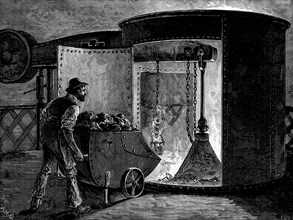 Charging a blast furnace at the Govan Iron Works, Scotland, c1885. Artist: Unknown