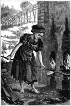 Young girl tending the fire holes of a brick kiln, 1871. Artist: Unknown