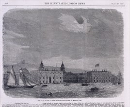 Solar eclipse seen over the Royal Observatory, Greenwich, 1858. Artist: Unknown