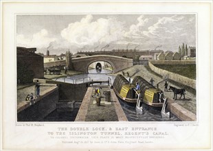 'The Double Lock and East Entrance to the Islington Tunnel, Regent's Canal', 1827. Artist: Frederick James Havell