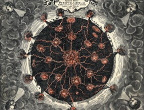 Sectional view of the Earth, showing central fire and volcanoes, 1665. Artist: Unknown