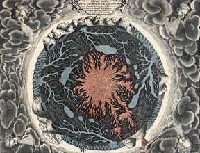 Sectional view of the Earth, showing central fire and underground canals linked to oceans, 1665. Artist: Unknown