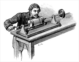 Making recording on first model of Thomas Edison's Phonograph, c1878. Artist: Unknown