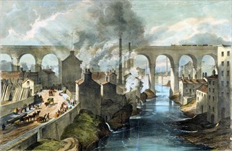 Train crossing Stockport viaduct on the London & North Western Railway, c1845. Artist: Unknown