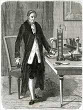 Alessandro Volta, Italian physicist, demonstrating his electric pile (battery), c1800 (c1870). Artist: Unknown