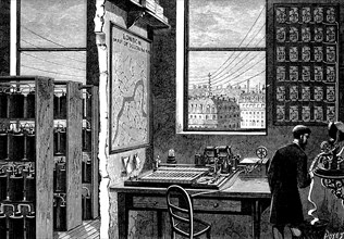 Main station of the Exchange Telegraph Company, London, 1882. Artist: Unknown