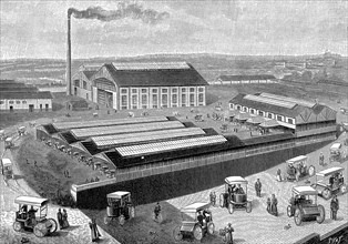 Factory for making, recharging and servicing electric cabs, Aubervilliers, France, 1899. Artist: Unknown