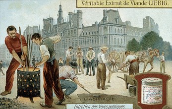 Laying an asphalt-based surface in a Paris street, c1900. Artist: Unknown