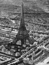 Bird's-eye view of the Eiffel Tower at the time of the opening of the Paris Exposition of 1889. Artist: Unknown