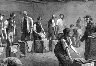 Packing tea in the warehouses of the East & West India Dock Company, London, 1874 Artist: Unknown