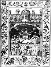 Alchemical laboratory showing various forms of furnace and vessels, 1652. Artist: Unknown
