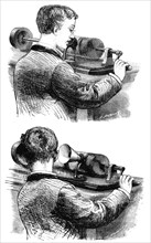 Making a recording with, and listening to, first Edison Phonograph, 1878. Artist: Unknown
