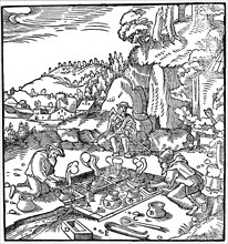 Evaporating pots of brine in a natural hot spring to obtain salt, 1556. Artist: Unknown