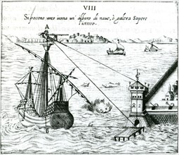 Measuring the distance from ship to shore, using a quadrant marked with shadow-scales, 1598. Artist: Unknown