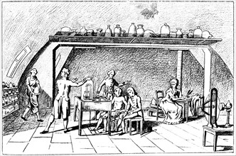 Antoine Laurent Lavoisier, 18th century French chemist, investigating respiration. Artist: Unknown