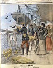 Releasing French army homing pigeons on board the transatlantic liner 'La Bretagne', 1898. Artist: Unknown