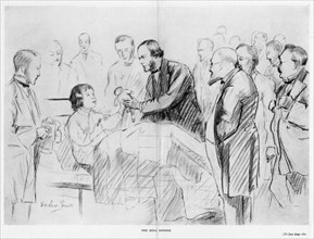 Joseph Lister, English surgeon, on his ward round in Glasgow Royal Infirmary, c1867 (1927). Artist: Unknown
