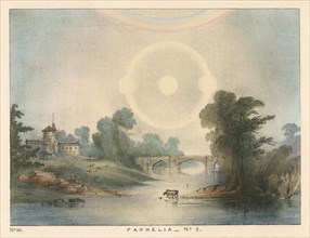 Parhelia (mock suns) combined with a halo and rainbow, 1721 (1845). Artist: Unknown