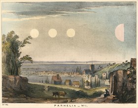 Parhelia (mock suns) without haloes, observed in England in 1698, (1845). Artist: Unknown