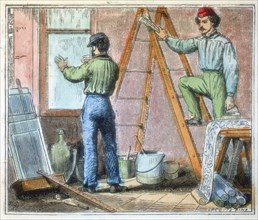 Glazier and wallpaper hanger working in a house, 1867. Artist: Unknown