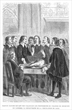Harvey demonstrating circulation of the blood to the College of Physicians, c1628 (1870). Artist: Unknown
