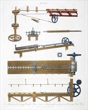 Boring wooden pipes, and casting and drawing iron pipes, c1825. Artist: Unknown