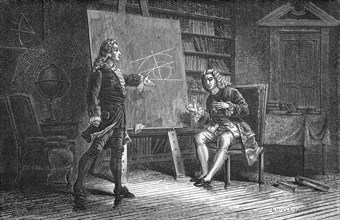 Jean and Jacques Bernoulli working on geometrical problems, 18th century, (1874). Artist: Unknown