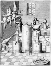 Laboratory for refining gold and silver, showing typical laboratory equipment, 1683. Artist: Unknown
