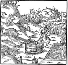 Producing salt by evaporating natural brine by pouring it into a pit of burning charcoal, 1556 Artist: Unknown
