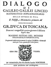 Title page of Dialogo, by Galileo, 1632. Artist: Unknown