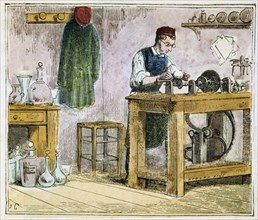 Glass cutter decorating table ware on a carborundum wheel, 1867. Artist: Unknown