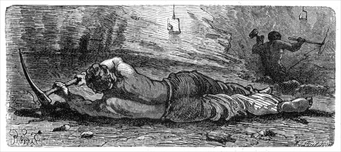 Early 19th century coal miner working a narrow seam, c1868.  Artist: Anon