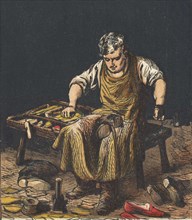 Cobbler mending boots, 1867.   Artist: Anon