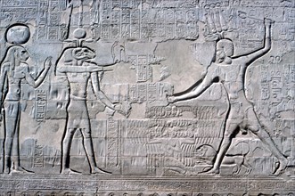 Relief of Pharaoh before Knum & Sekhmet, Temple of Khnum, Ptolemaic & Roman Periods. Artist: Unknown