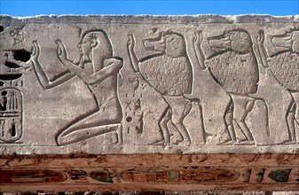 Relief of Rameses III and sacred baboons, Mortuary Temple, Medinat Habu, Egypt, c12th century BC. Artist: Unknown