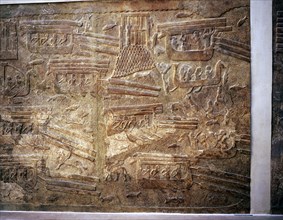 Assyrian relief showing transport of timber from Lebanon by water, Khorsabad, c8th century BC. Artist: Unknown