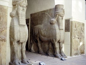Assyrian sculptures of human-headed winged bulls at the palace gateway, Khorsabad, c8th century BC. Artist: Unknown