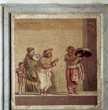 Roman mosaic of musicians and masked actors in a play, Pompeii, Italy. Creator: Dioscurides.