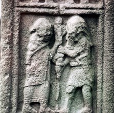 Celtic chief helps Christian priest to set up a staff, Clonmacnoise, Ireland. Artist: Unknown