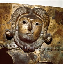 Celtic human head on Bronze cauldron, Rynkeby Bog, Denmark, 4th century BC. Artist: Unknown