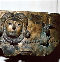 Celtic human head on Bronze cauldron, Rynkeby Bog, Denmark, 4th century BC. Artist: Unknown