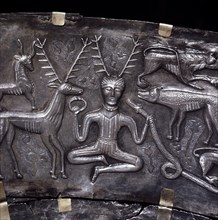 Gundestrup Cauldron, showing Celtic horned god Cernunnos with torc, Denmark, c100 BC. Artist: Unknown