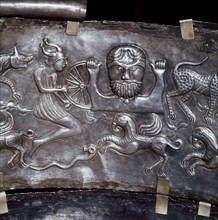 Gundestrup Cauldron, showing Celtic God Taranis with Wheel, Danish, c100 BC. Artist: Unknown