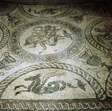 Seahorse and Cupid on Dolphin mosaic, Fishbourne Roman Villa, Sussex. Artist: Unknown