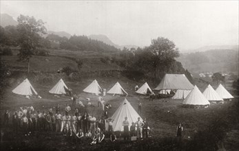 Rowntree boys assemble by their tents,  Coniston, Cumbria, summer 1913. Artist: Unknown