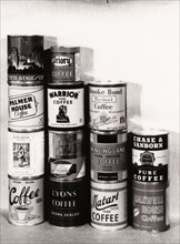 A selection of tins of different brands of coffee, 1947. Artist: Unknown