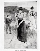 'Healthy Recreation'; two women golfers and their caddy, c1900. Artist: Unknown