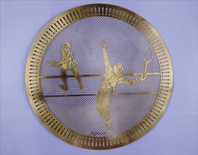Plate showing a man and a woman playing tennis. Artist: Unknown